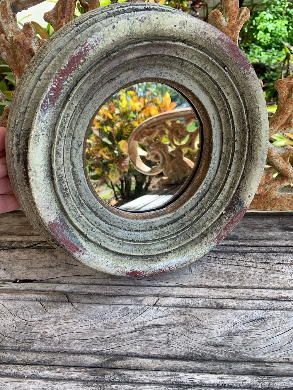 Ballard Designs Heavy Round Wall Mirror in Distressed Gray, Gold, and Burgundy